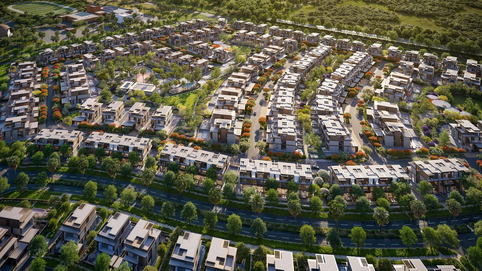 Aerial view of garden villas at Nad Al Sheba Gardens, the master community for The Line by Meraas