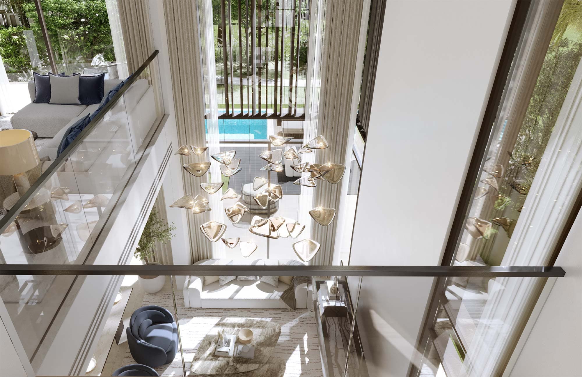 Double-height living interior render from the Nad Al Sheba Gardens community