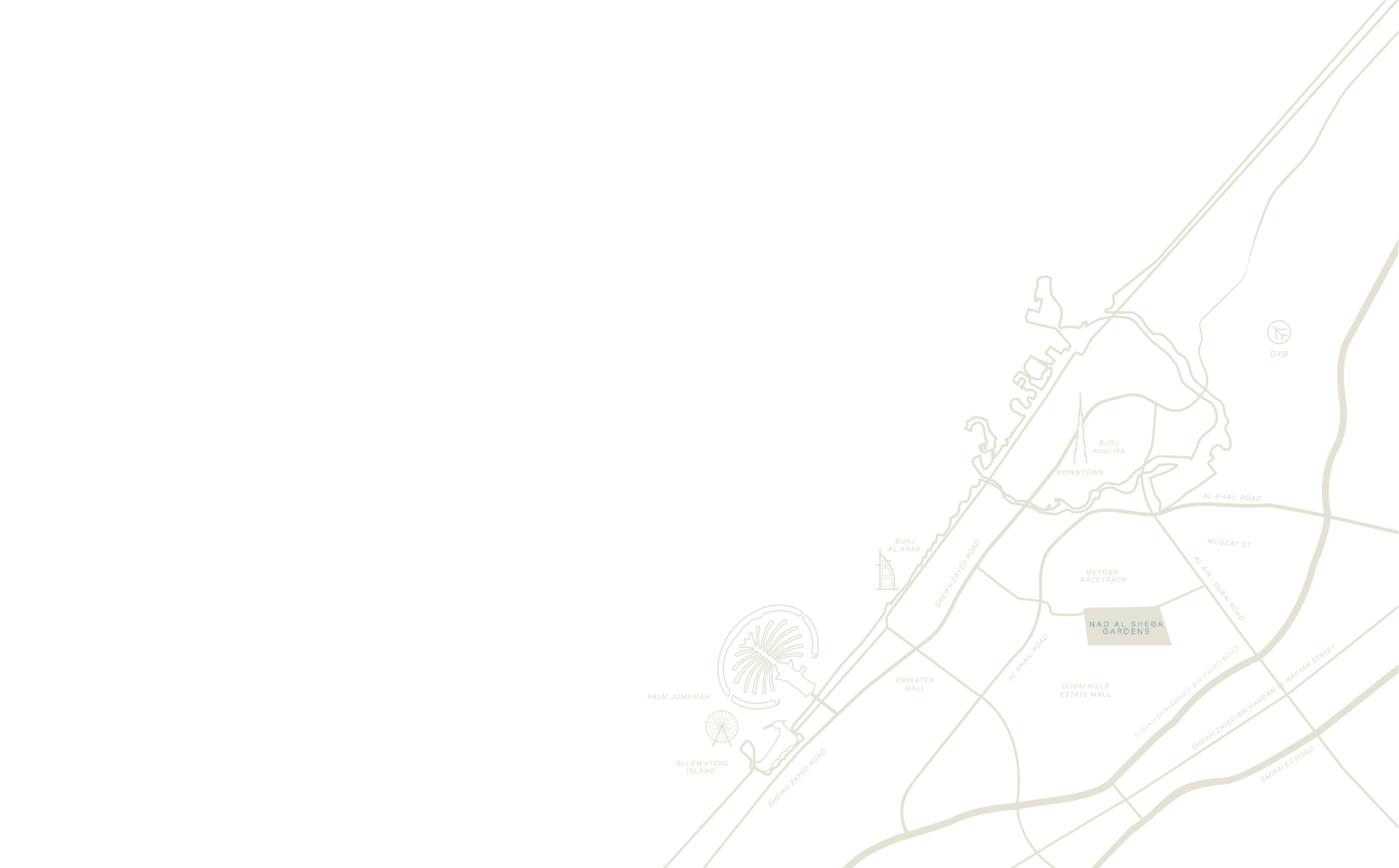 Location map of Nad Al Sheba Gardens in Dubai, showing proximity to Downtown, Burj Khalifa, Burj Al Arab, Palm Jumeirah, Mall of the Emirates, Dubai Hills Estate Mall, Dubai International Airport, and major highways including Sheikh Zayed Road and Al Khail Road.