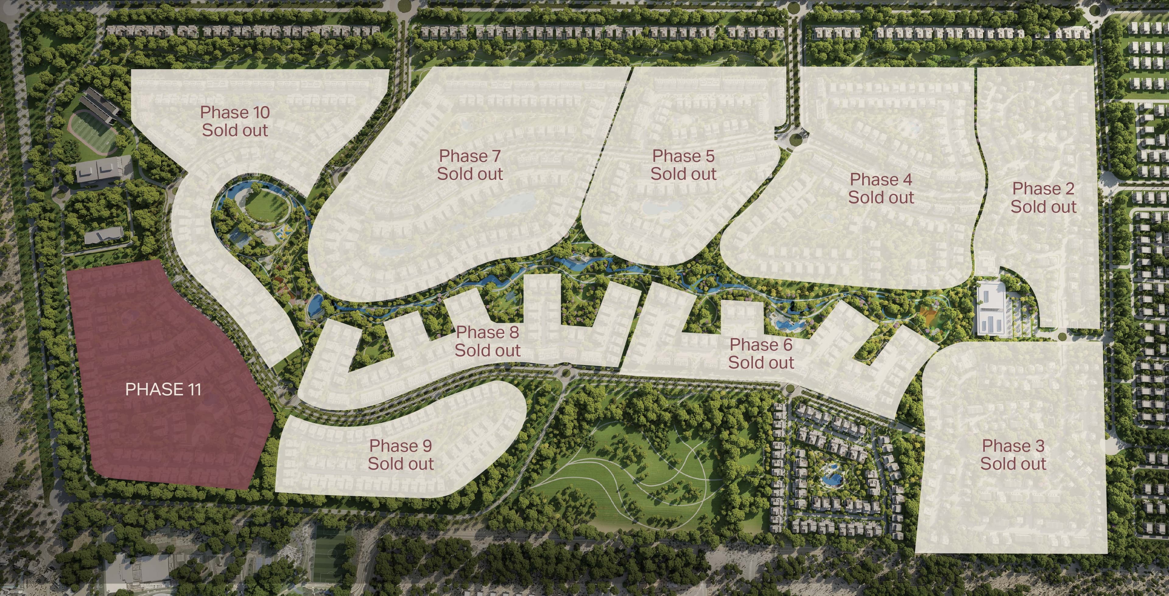 Nad Al Sheba Gardens masterplan showing prior phases marked sold out around the landscaped central spine.
