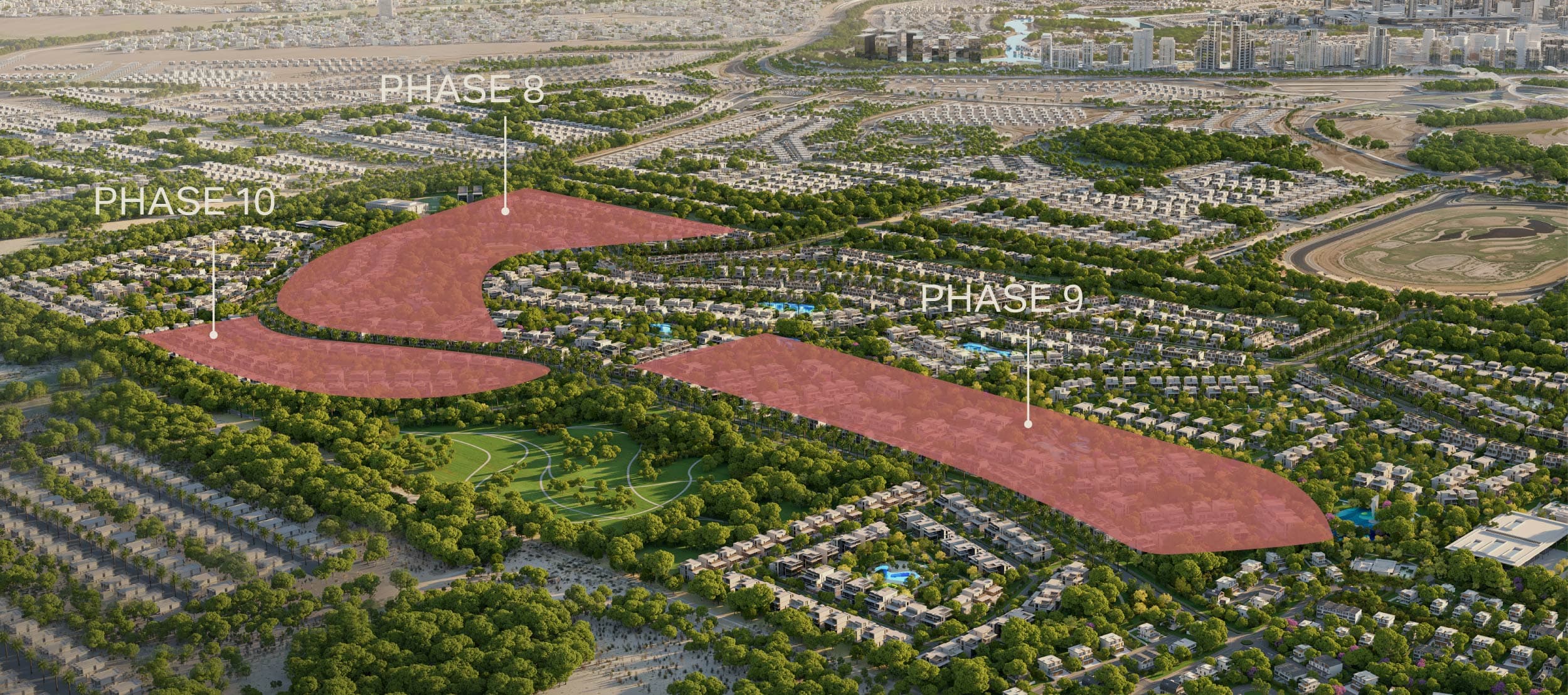 Aerial of earlier Nad Al Sheba Gardens phases, a sold-out prior release rather than The Line