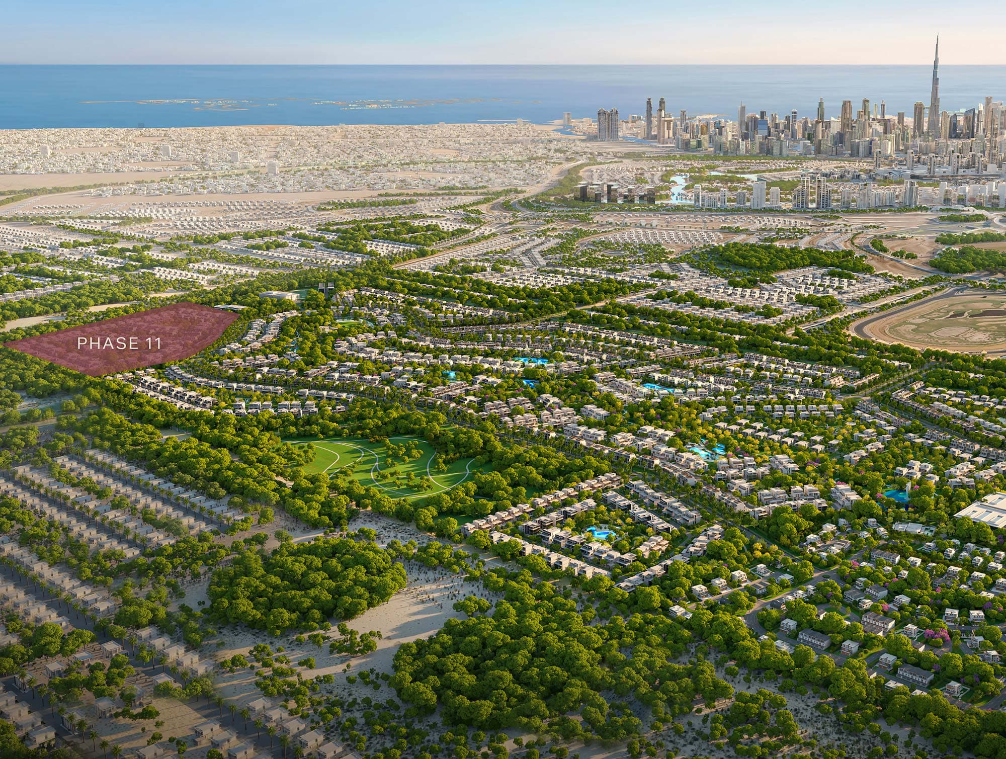 Aerial masterplan of Nad Al Sheba Gardens highlighting Phase 11, a prior chapter — The Line is Phase 12