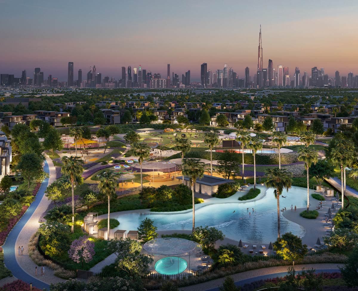 Landscaped plot street at Nad Al Sheba Gardens Villa Plots, a sold-out prior release
